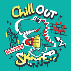 Cool dinosaur boy cartoon holding skateboard in new york city isolated on green background illustration vector.