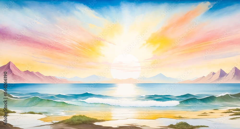 Sticker Watercolor Sunset Over Mountains and Ocean