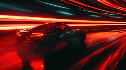 The car is moving quickly. It has a red light strip effect.