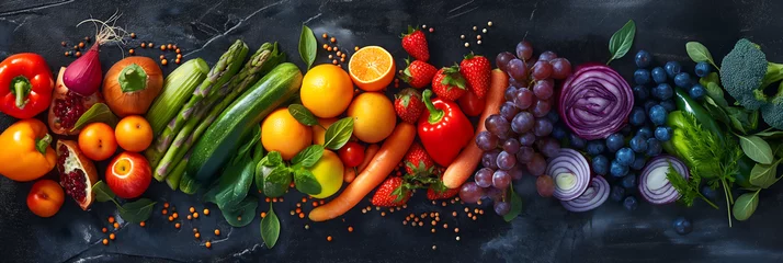 Crédence de cuisine Cuisine Fresh colorful vegetables fruits assortment healthy organic produce variety bell peppers tomatoes carrots zucchini citrus grapes leafy greens vibrant  © shiva