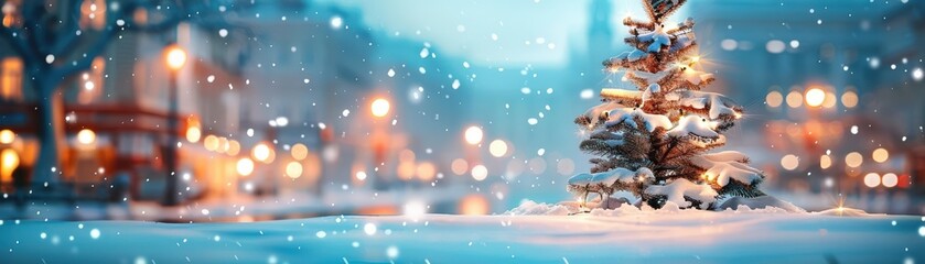 A snowy park with a Christmas tree lighting ceremony