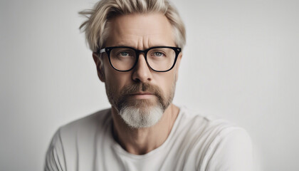 Fototapeta premium Portrait of handsome middle age man with blond hair and beard wearing eyeglasses, isolated white background.