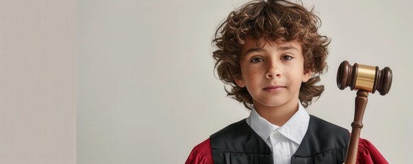 Boy in a judges robe holding a gavel, white background, copy space