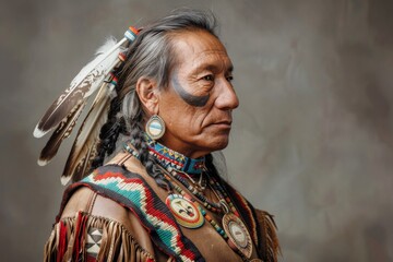 Fototapeta premium Adorned in ornate cultural jewelry, a Native American man stands tall in a studio portrait, symbolizing pride and reverence for his heritage.