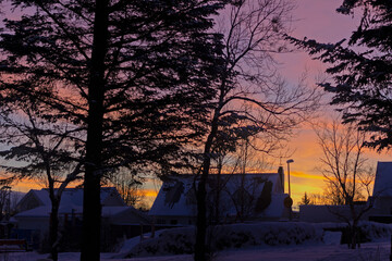 Reddish purple winter sunset sky