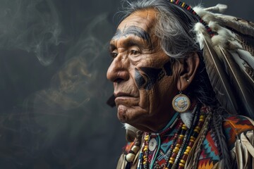 Obraz premium Adorned in ornate cultural jewelry, a Native American man stands tall in a studio portrait, symbolizing pride and reverence for his heritage.