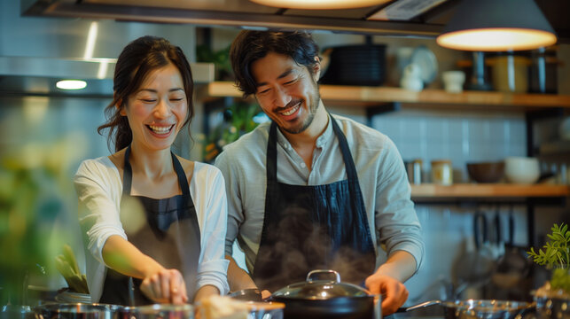 キッチンで料理をしている男女の夫婦「AI生成画像」