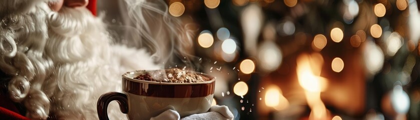 Santa Claus enjoying a cup of cocoa by the fire