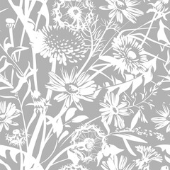 Seamless pattern with white flowers - Chamomilla, Taraxacum, Achillea Millefolium and grass isolated on the gray background. Hand-drawn illustrations of wildflowers.
