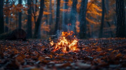 wood bonfire in a forest in autumn on a sunset