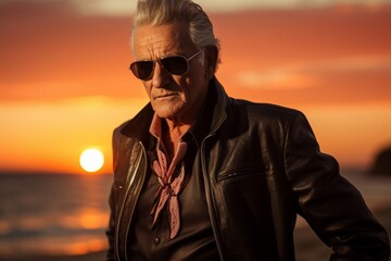 Fototapeta premium Portrait of a merry man in his 80s sporting a stylish leather blazer on beautiful beach sunset