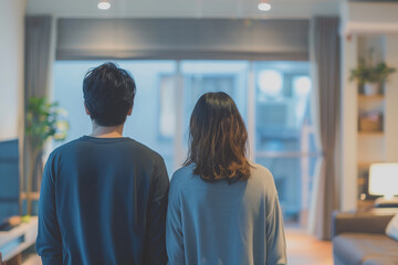 リビングルームにカップルの後ろ姿「AI生成画像」