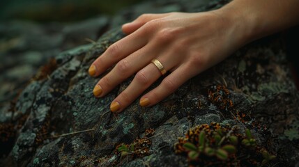 Woman s hand with orange manicure and gold ring on dark rock, green nature background