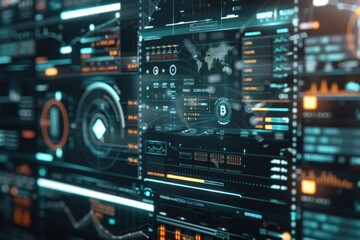 Futuristic technological interface displaying data analysis, statistics, and financial charts. Concept of big data, cryptocurrency, and digital transformation.