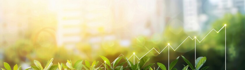 Eco-friendly business growth concept with green plants and rising financial graph in the background symbolizing sustainable development.
