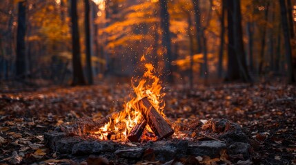 Obraz premium wood bonfire in a forest in autumn on a sunset