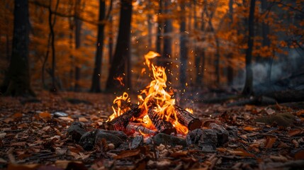 wood bonfire in a forest in autumn on a sunset