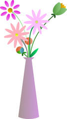bouquet of pink flowers in vase, Colorful potted plant with delicate pink flowers, perfect for home decor., A depiction of three pink lilies resting in a blue vase
