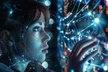 With a sense of exploration, a woman navigates an AI interface, surrounded by mesmerizing wireframe visuals, illustrating the intricate connection between human intuition and artificial intelligence.