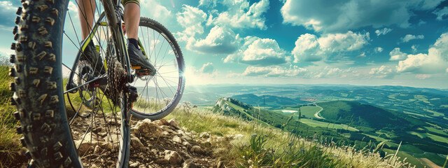 Bicycle rider on a hilltop with a blue sky and green hills in the background, close-up of the leg and bicycle against a landscape view, focus on determination