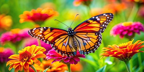 Close-up photo of a vibrant butterfly resting on a colorful flower in a lush green meadow, nature, wildlife, insect, butterfly