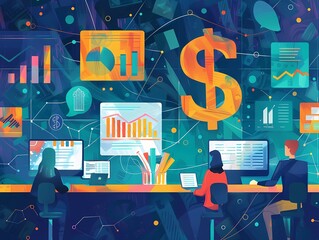 Marketing Campaigns. Three marketers work at computers against a blue wall of charts and goals. Tables and a dollar symbol.
