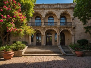 Fototapeta premium Grand building features symmetrical facade with three large, arched doorways on ground floor, corresponding arched windows above, each framed by intricate stone carvings.