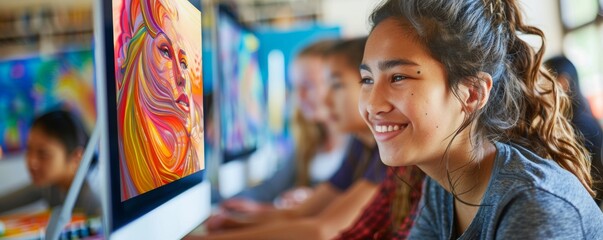 Obraz premium Creative Fusion: Joyful Students Engaging in Tech-Enhanced Art Class on Digital Canvases
