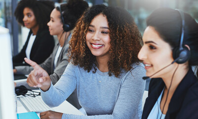 Women, office and training in call center for telemarketing, consulting and professionalism for crm...