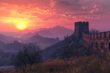 Obraz premium Stunning sunset view over the Great Wall of China with vibrant colors in the sky and scenic mountainous landscape.
