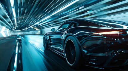 Black Sports Car Speeding Through a Neon Tunnel