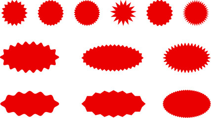 Starburst red sticker set - collection of special offer sale oval and round shaped sunburst labels and badges. Promo stickers with star edges. Vector.