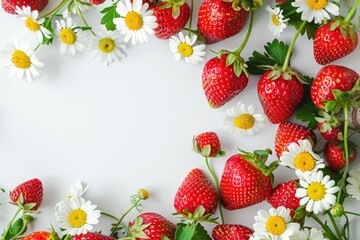 An appealing arrangement featuring strawberries and daisies with a vacant area for text or other content. Creative banner. Copyspace image