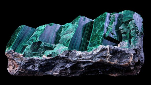 Malachite mineral with monoclinic crystal structure isolated on black background Molochitis melochite in Rocks and minerals