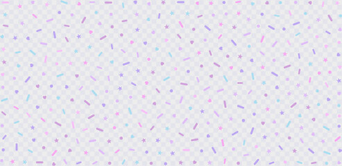 Border with colorful sprinkles. Glaze for donut, ice cream or muffins with pastel pink, purple and blue falling decorative candies, hearts and stars. Vector Illustration for holiday designs.