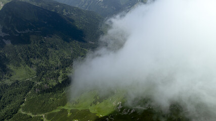 clouds veil the terrain below, trees line mountain sides