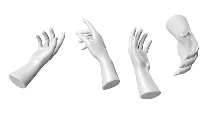 Fototapeta premium Set of white stone statue hand renders isolated on white, 3d render