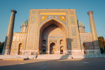 Registon square in Samarkand, Uzbekistan during sunset