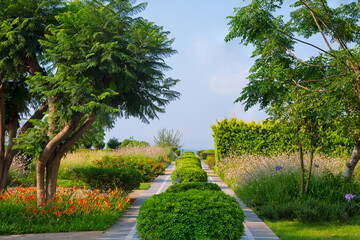 Beautiful landscaped and manicured garden along the Mediterranean Sea with flowering plants, trees, and shrubs; copy spaces