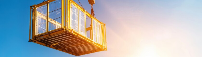 Obraz premium Lifted shipping container against a clear sky during sunset, symbolizing transport, logistics and construction solutions.