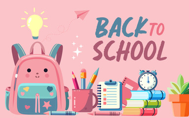 back to school card or banner with smooth pink color, with pink school equipment suitable for girls, vector illustration
