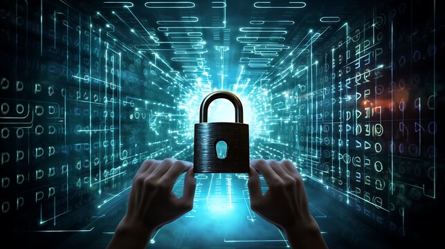 Cybersecurity concept with a digital padlock over a background of binary code and a person's hands typing on a keyboard