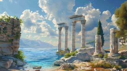 Ancient greek temple ruins with tall columns on the seashore, captured in a realistic photograph