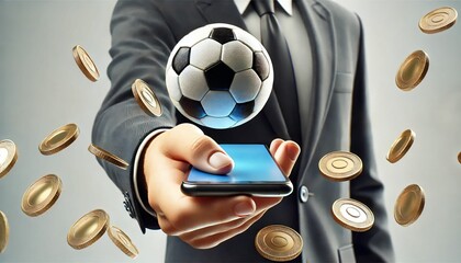 Businessman Holding Phone with Floating Soccer Ball and Coins