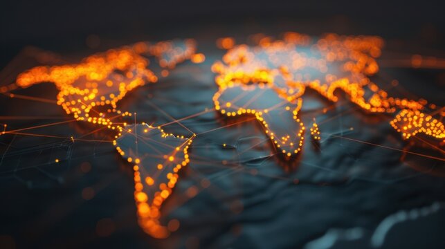 A vibrant digital global network connecting cities across a world map, showcasing technology and connectivity.