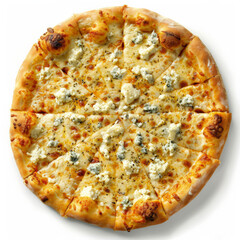 A four-cheese pizza with a blend of mozzarella, cheddar, blue cheese, and Parmesan, isolated on white background