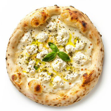 A pizza bianca with garlic, olive oil, and ricotta cheese, isolated on white background
