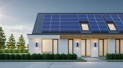 Fototapeta premium High-resolution image of a contemporary home with solar panels on the roof, emphasizing renewable energy and eco-friendly living under a bright blue sky