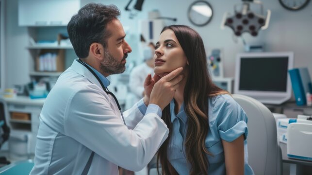 A doctor carefully examining a patient's thyroid gland through palpation in a clinical setting
