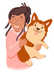 Happy girl holding dog with love flat  illustration. Cartoon isolated cute portrait of young woman with smile and purebred corgi companion, friendship and fun hugs of pet owner and puppy friend